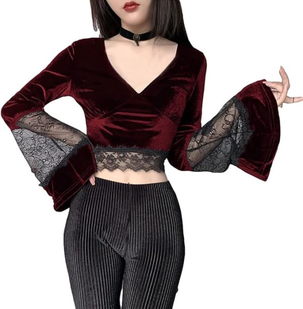TSMNZMU Womens Gothic Velvet Crop Tops V Neck Grunge Punk T