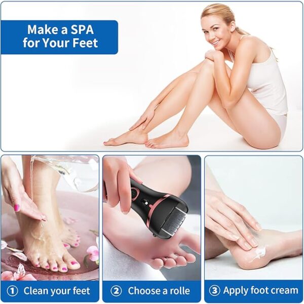 Electric Foot Callus Remover, Rechargeable Portable Electronic Foot File Pedicure Kits, Waterproof Foot Scrubber File, Professional Pedicure Tools, Foot Care for Dead Skin Ideal Gift, 3 Rollers - Image 3