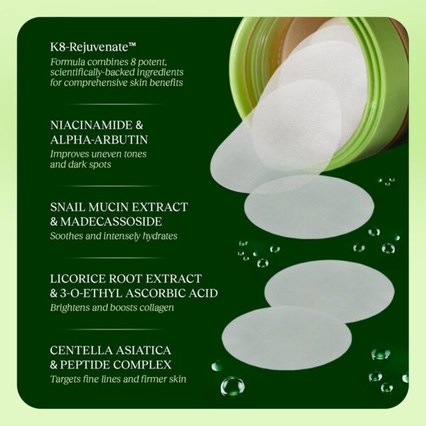 Korean Skincare Anti-Aging, Dark Spot & Wrinkle Minimizing Toner Pads - Hydrating with Snail Mucin, Centella Asiatica, Niacinamide, Peptides - for Acne Marks & Hyperpigmentation - 100 Count - Image 3