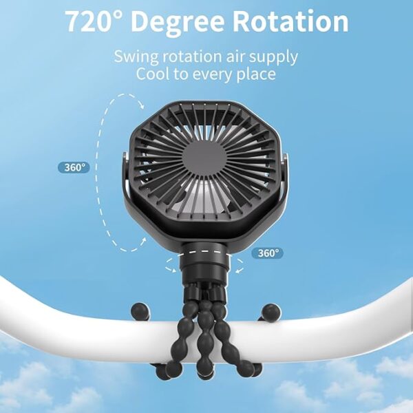 Portable Stroller Fan With Flexible Tripod, 3 Speeds Rechargeable Handheld Personal, 360 Rotate Battery Operated Clip On for Car Seat Crib Bike Treadmill Black - Image 6