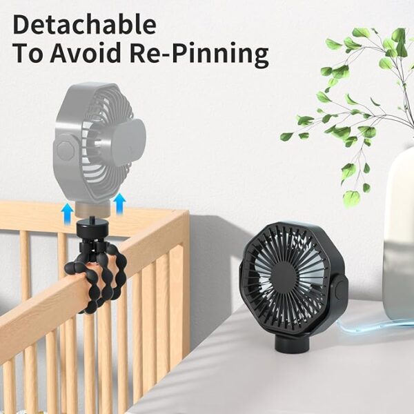Portable Stroller Fan With Flexible Tripod, 3 Speeds Rechargeable Handheld Personal, 360 Rotate Battery Operated Clip On for Car Seat Crib Bike Treadmill Black - Image 3