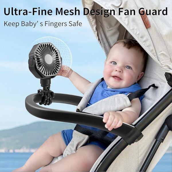 Portable Stroller Fan With Flexible Tripod, 3 Speeds Rechargeable Handheld Personal, 360 Rotate Battery Operated Clip On for Car Seat Crib Bike Treadmill Black - Image 5
