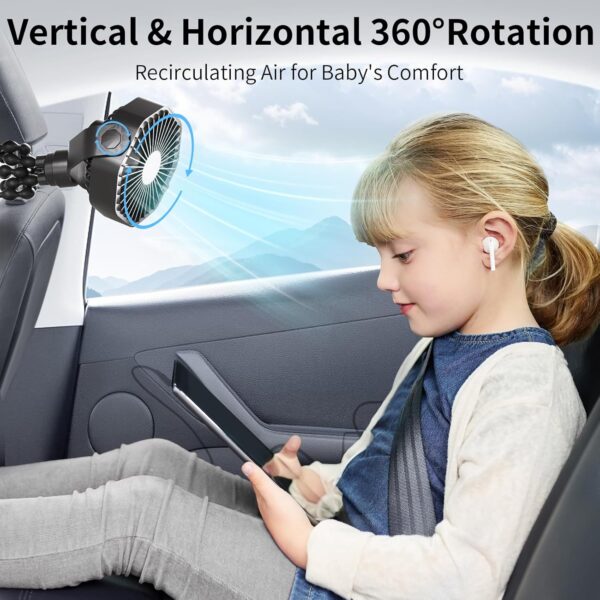 Portable Stroller Fan With Flexible Tripod, 3 Speeds Rechargeable Handheld Personal, 360 Rotate Battery Operated Clip On for Car Seat Crib Bike Treadmill Black - Image 2